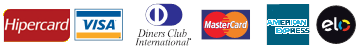 Bandeiras dos Cartões de Crétido: Hipercard,Visa,Diners club international,MAstercard,American Express e Elo.